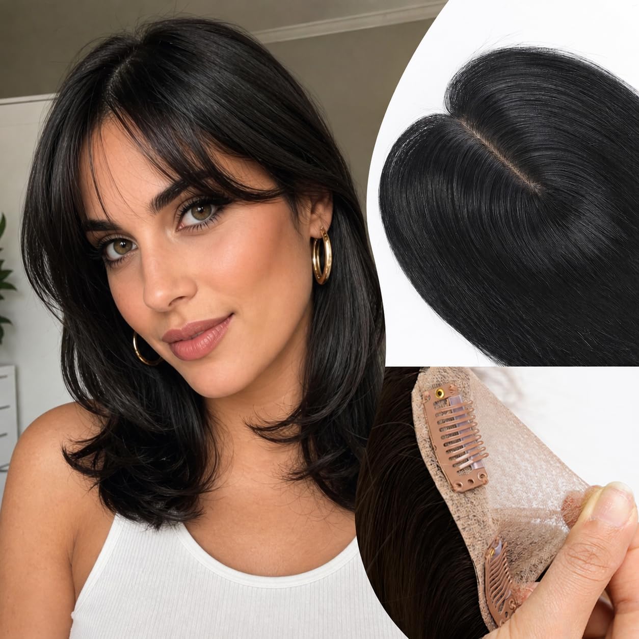 HAIRCUBE Human Hair Toppers for Women Real Human Hair 4 * 5.5 inch Base 12 inch HairTopper for Women with Thinning Hair Cover Grey Roots With Bangs&Natural Blac