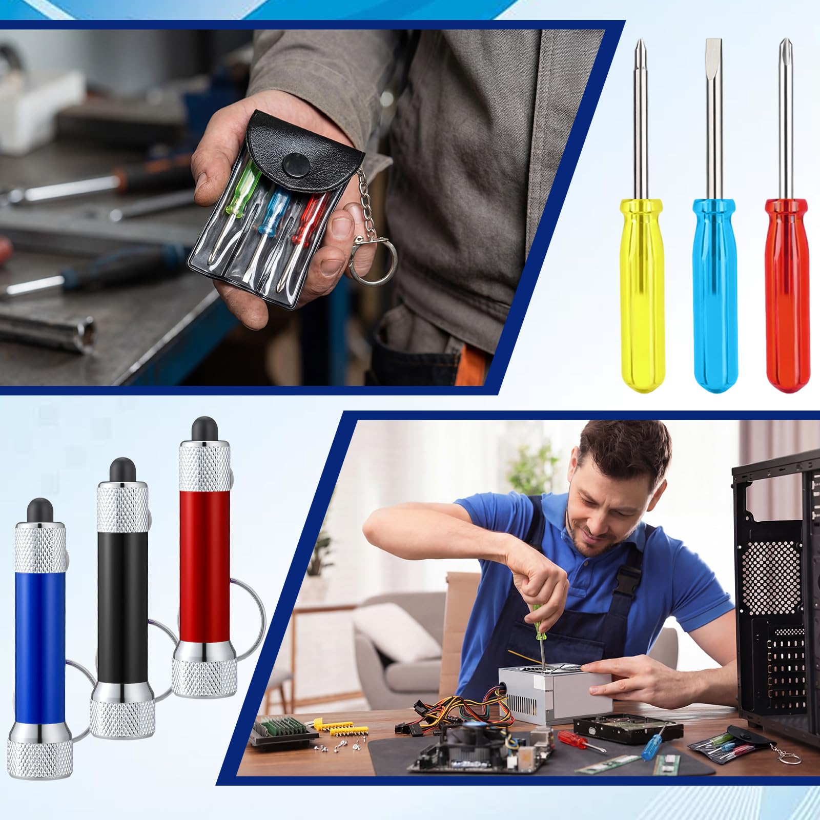 Jutom Set di 96 mini torce a LED, portachiavi, mini cacciavite, set per adulti, regalo per papà, uomini, marito, vicino, (blu, nero, rosso)