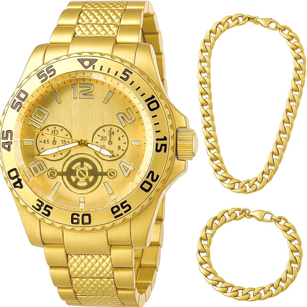 Relogio banhado aco masculino + corrente grumet + pulseira original social cordao presente