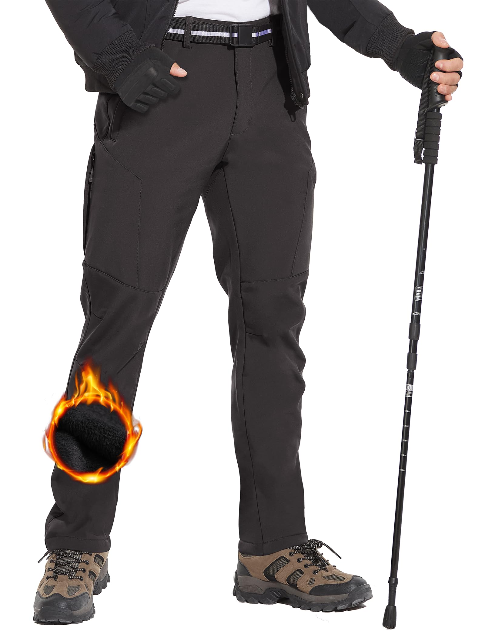 MOURCE Pantalon de randonnée doublé en polaire pour homme résistant à l'eau, pantalon de ski isolé, 6 poches à fermeture éclair et ceinture