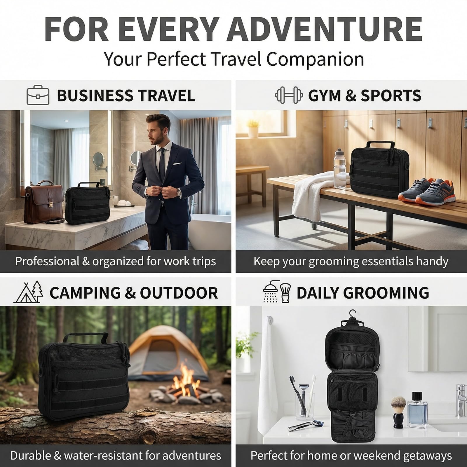 VELVEBAG Neceser de viaje para hombre, bolsa de aseo táctico para hombre, bolsa de aseo colgante para hombre, bolsa de aseo de viaje, bolsa de aseo para hombre, bolsa de ducha, Negro, Neceser colgante