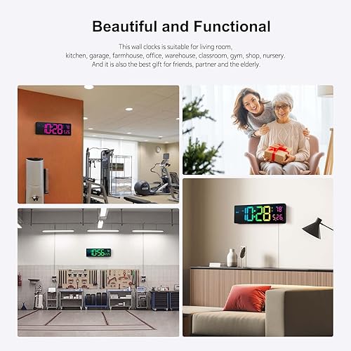 Miniatura 6 de Reloj de pared digital de 16 pulgadas, relojes de pared con 11 colores RGB, reloj despertador con luces nocturnas, reloj digital grande para sala de