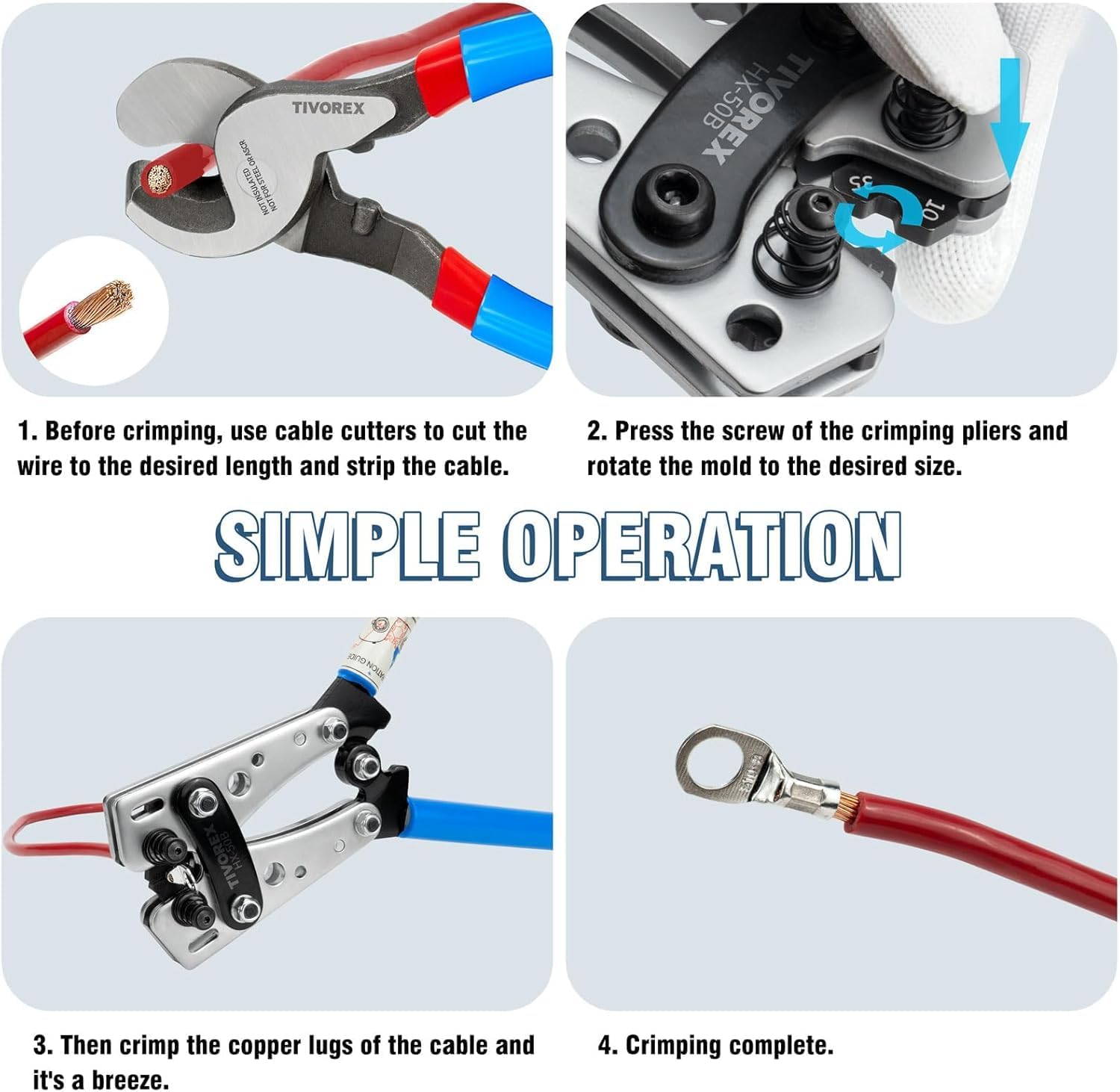 Battery Cable Lug Crimping Tool Kit for AWG 10-1/0 Electrical Lug Crimper with 64pcs Ring Terminals and 110pcs Heat Shrink Tubing