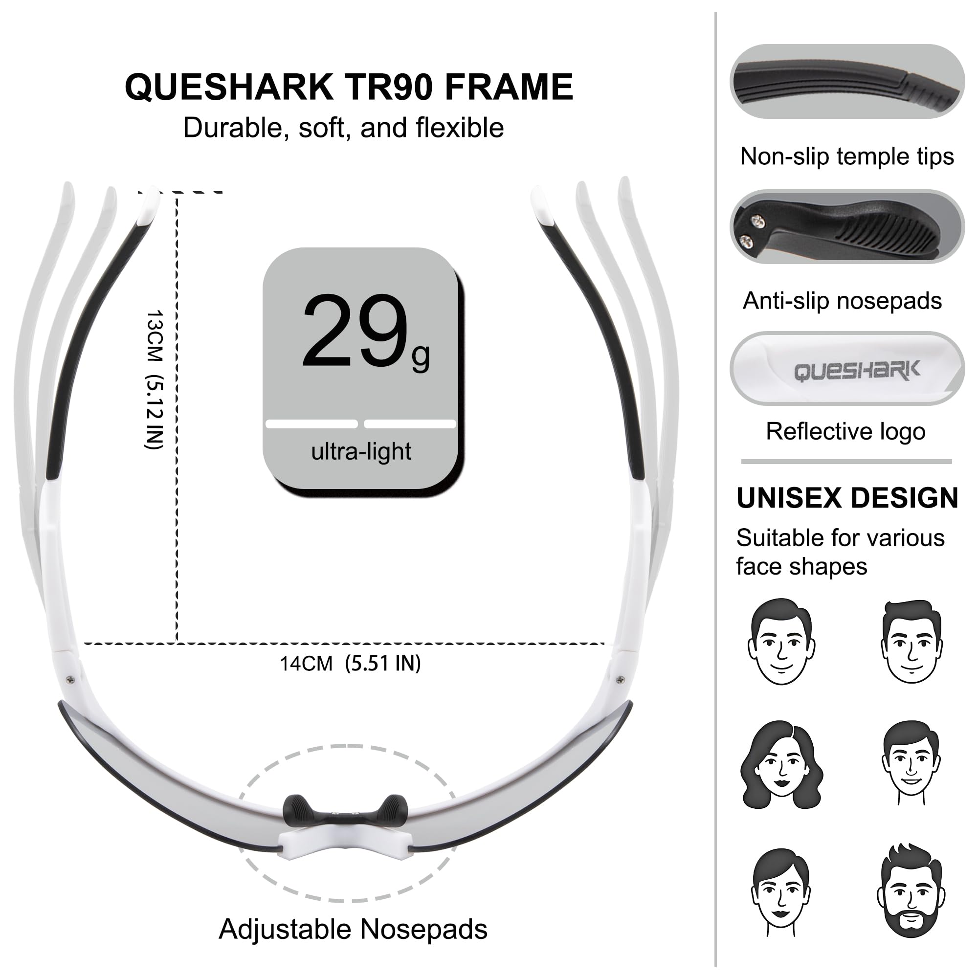 Queshark Lunette de Cyclisme, Lunette Running Homme Femme, TR90 Cadre & Protection UV400 Lunette Vélo, Lunettes de Soleil Homme Sport pour Cyclisme Conduite Golf Ski Pêche Course à Pied