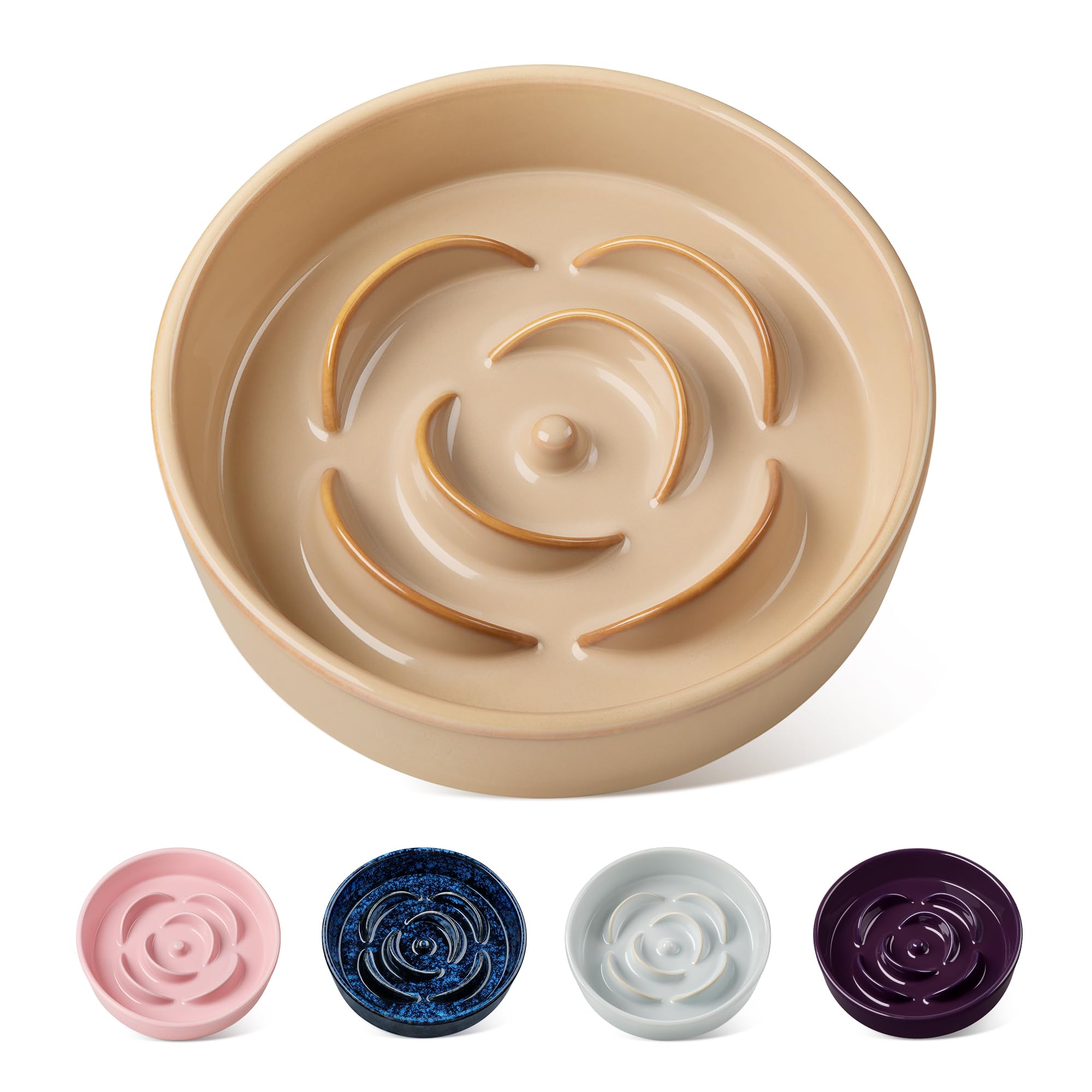 vancasso Flower Shaped Slow Feeder Dog Bowl 360ml Pet Bowl, Ceramic Puzzle Feeder for Small Dogs & Cats, Dishwasher & Microwave Safe, Ideal for Food and Water, Non-Slip & Tip-Proof; Beige; Small