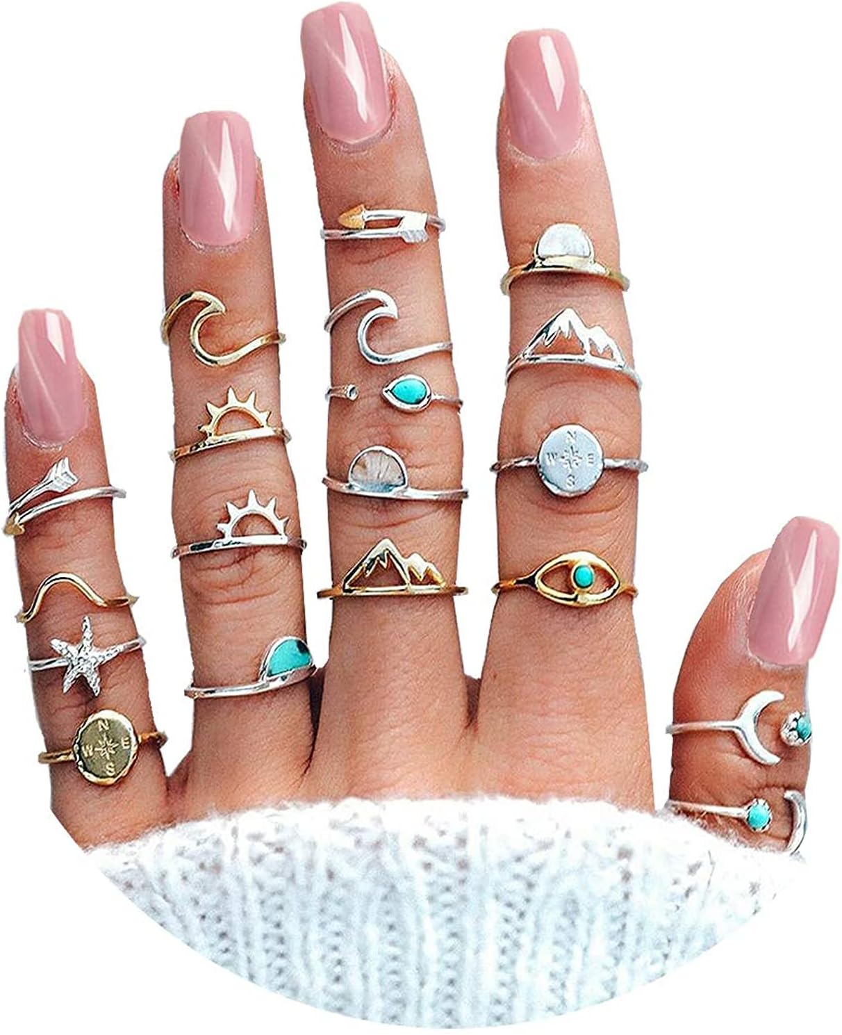 19Pcs Boho Rings for Women Teen Gifts Trendy Stuff Sea Wave Compass Stocking Stuffers Stackable Knuckle Rings Set Birthday Christmas Gifts