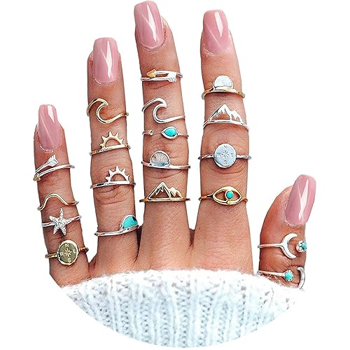 CSIYANJRY99 19Pcs Boho Retro Stackable Rings Sets for Women,Peak Sea Wave Compass Turquoise Knuckle Finger Rings