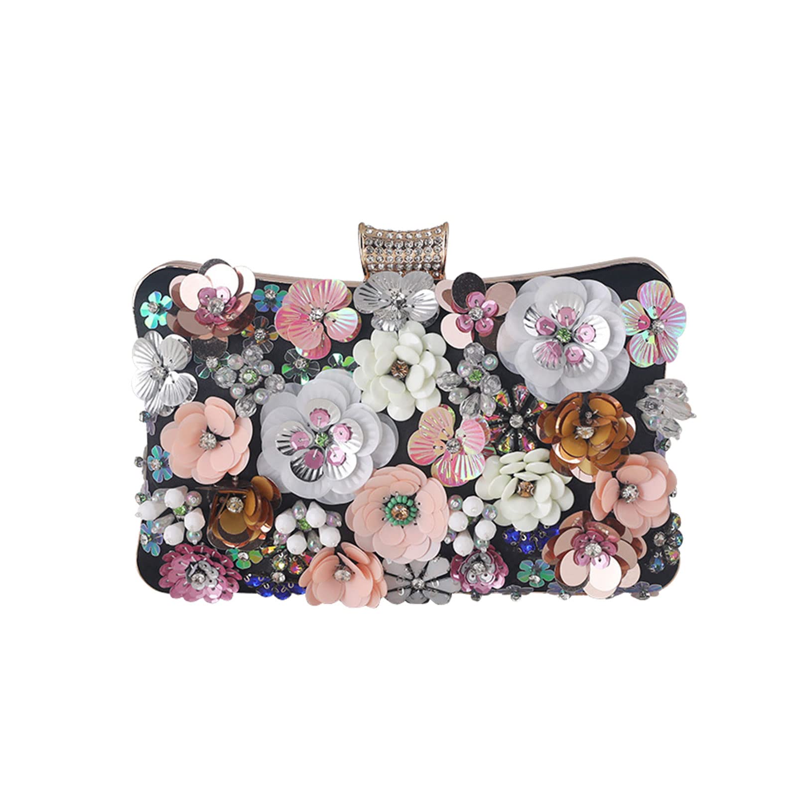 CORIOS Damen Blumen Abendtasche Shiny Strass Clutch Tasche Hochzeit Bag Kette Handtasche Elegante Schultertasche Perle Umhängetasche für Hochzeit Abschlussball Bankett-Party Schwarz