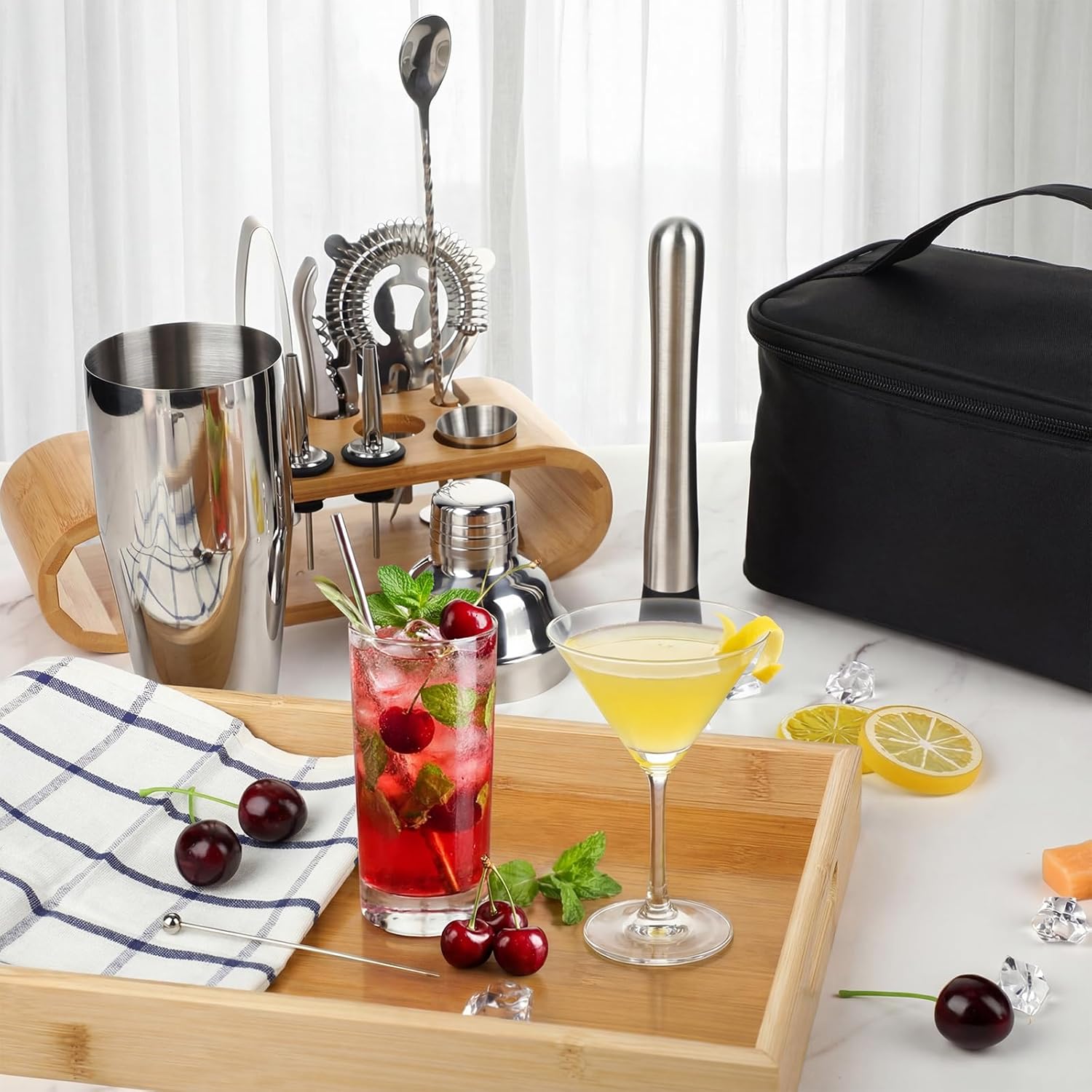 Bartender Kit Bag with Stand Portable Cocktail Shaker Set, 17 Pcs 25oz Stainless Steel Barware Kit with Jigger, Strainer, Spoon, Ice Tongs, Gift for Cocktail Lover Travel
