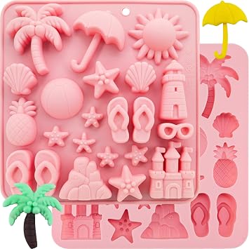 2Pcs Summer Beach Theme Silicone Molds for Chocolate, Coconut Tree Starfish Shells Beacon Pineapple Shape Candy Chocolate Mold for Tropical Summer Party Marine Jello Cookie Ice Cube Baking Mould