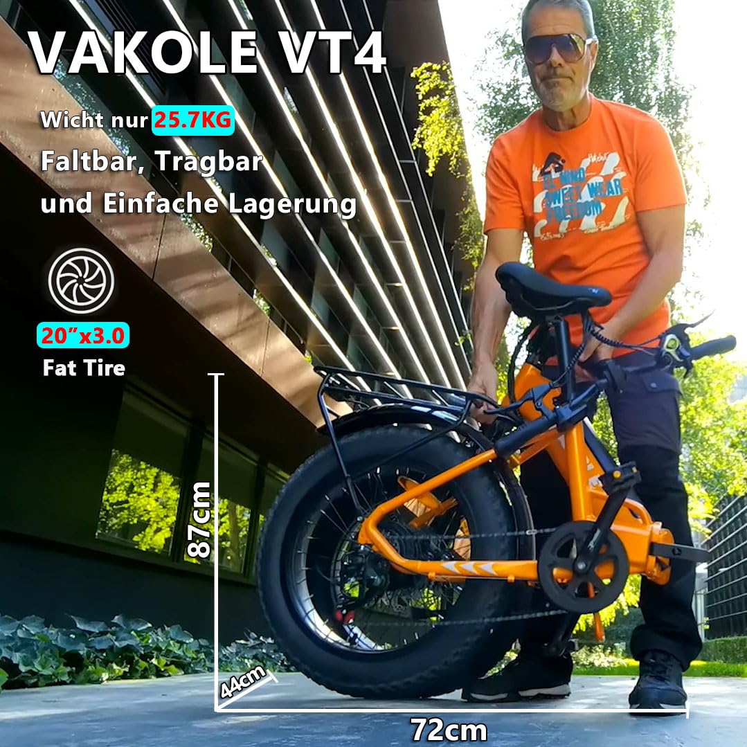 VT4 E-Bike Klapprad 20 Zoll Elektrofahrrad 36V 13Ah Akku Bis 75KM | 20x3.0 Zoll, 250W Heckmotor, 7 Gang Schaltwerk, Kompaktes Tiefeinsteiger Citybike für Damen u. Herren