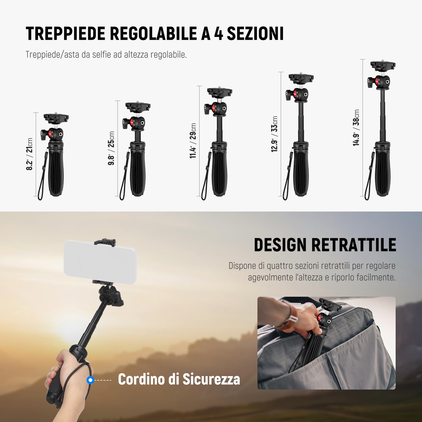 NEEWER TP38 Treppiede Fotocamera Smartphone Selfie Stick con Porta Cellulare Adattatore Action Cam Compatibile con iPhone GoPro, Mini Tripod Supporto Viaggio con Panno Pulizia per Vlog Riprese Video