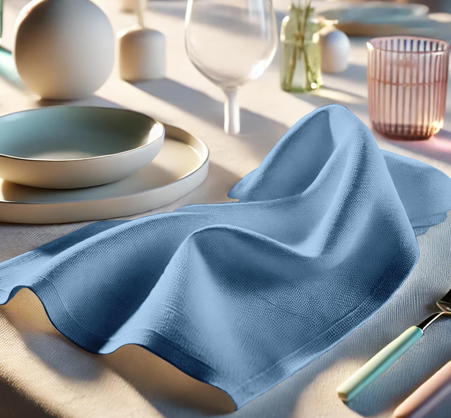 Luxury Cotton Twill Napkins - Set of 12, 20-Inch Blue Solid Color, Premium Thick Cloth Napkins for Elegant Dining & Special Occasions - Soft, Absorbent & Machine Washable