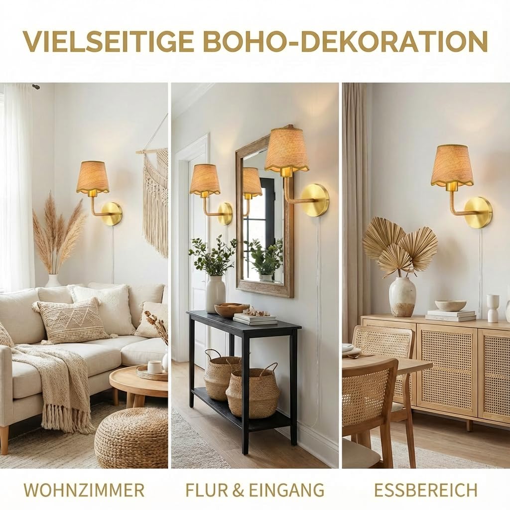 Wandlampe LED Wandleuchte Innen, 2 Stück Retro Wandbeleuchtung 3 Farbtemperaturen Gold Wandlampen Mit Rattan Lampenschirm, Wandleuchten für Badezimmer Schlafzimmer Wohnzimmer Beleuchtung Flur