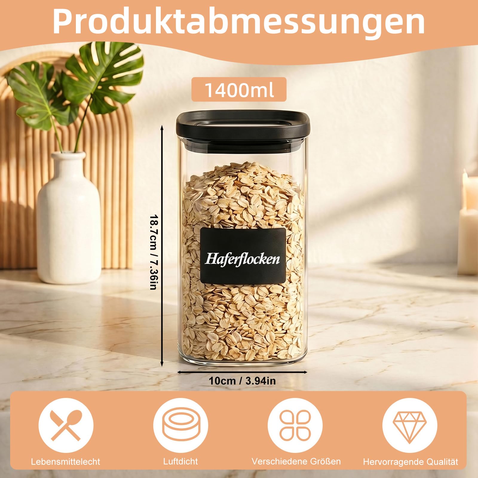 twoant Vorratsgläser Eckig Stapelbar mit Glasdeckel 4×1400ml Luftdicht Vorratsglas mit Deckel Vorratsdosen Glas mit Deckel für Lebensmittel, Nudeln, Mehl, Müsli, Kaffee