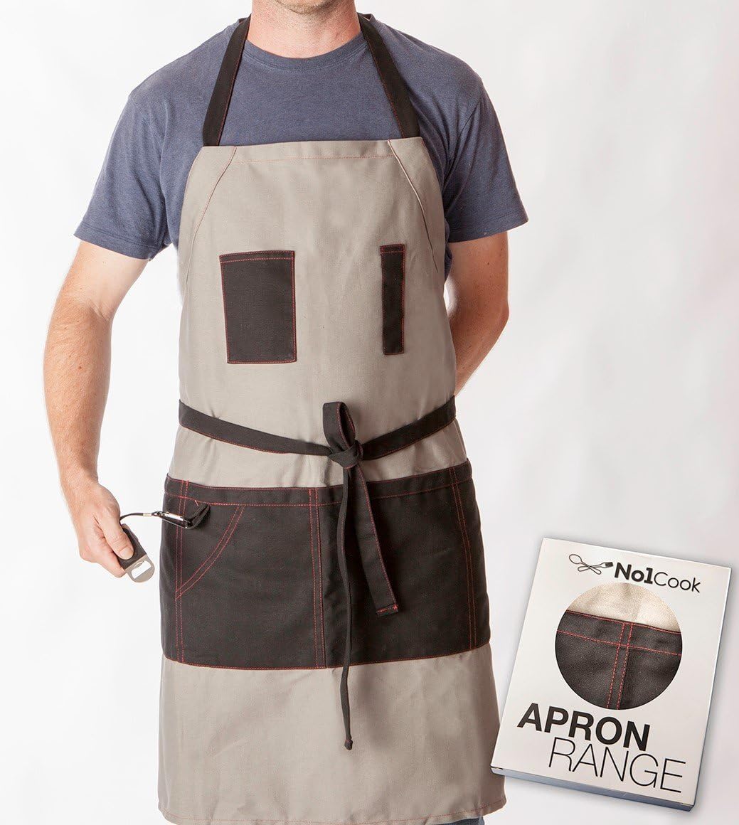 No1Cook Men's Grilling Apron by Durable, sturdy, modern design and plenty of pockets for bbq use; perfect grilling apron for dad. Detachable bottle opener for the thirsty Grill Master