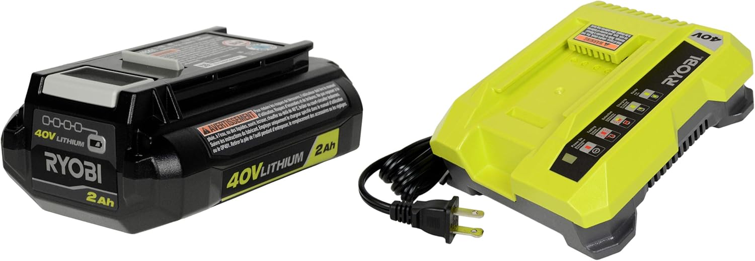 Ryobi (1) OP401 40 Volt Lithium-Ion Battery Charger (1) OP40201 40 Volt 2Ah Lithium-Ion Battery Pack