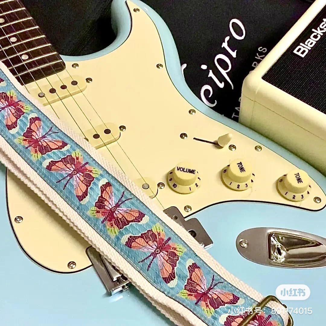 MUSIC FIRST Original Design, 2 inch width (5cm), Blue Butterfly Electric Guitar Strap Bass Strap With Genuine Leather Strap End (Leather Made In Italy) (Blue Butterfly)