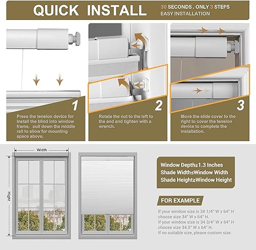 Miniatura 7 de HOTSOON Persianas celulares opacas de arriba hacia arriba, sin herramientas, sin taladro, persianas de panal sin cordones para el hogar, persianas