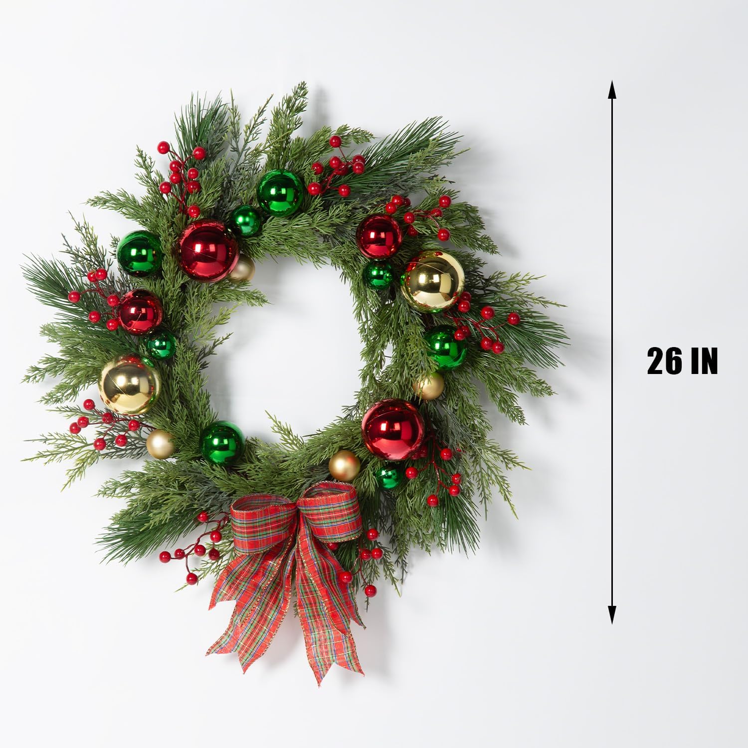 Christmas Wreath 26 Inch for Front Door, Large Artificial Pine Wreath with Red Green Gold Ornaments, Berries & Plaid Bow – Holiday Decoration for Home, Wall & Fireplace
