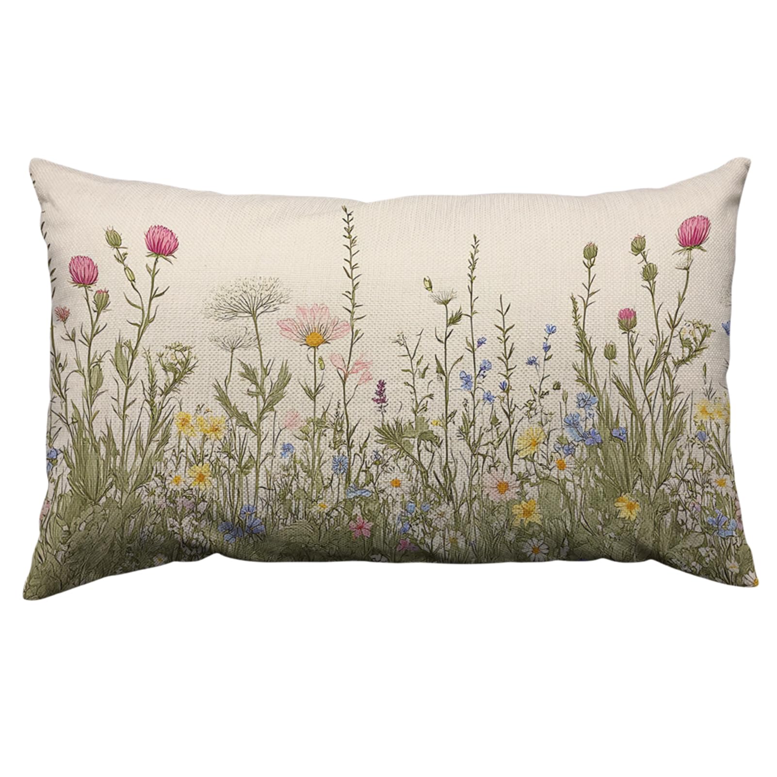 Orythyra Wild Flowers Throw Pillow Case Cushion Cover Herbs Floral Spring Vintage Linen Pillowcases Pillow Cover Living Room Couch Bed Sofa Car Waist Cushion Cover Farmhouse 30X50 CM