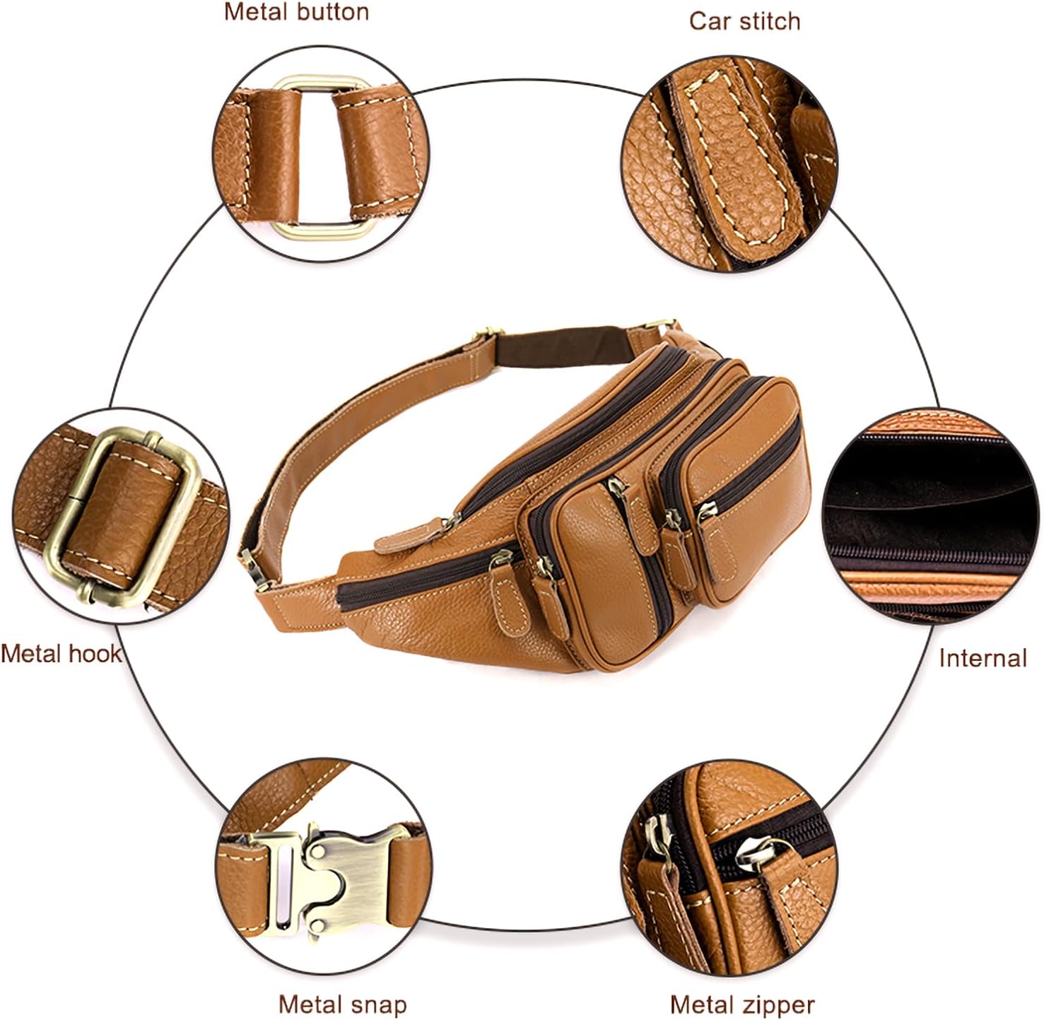 Genuine Leather Fanny Pack large capacity Crossbody Waist Bag with Zipper phone Pockets brown - Image 6