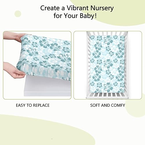 Miniatura 6 de Sábana bajera ajustable con temática hawaiana, material ultrasuave, ideal para habitación de niños o niñas o guardería, azul pálido turquesa, 28 x