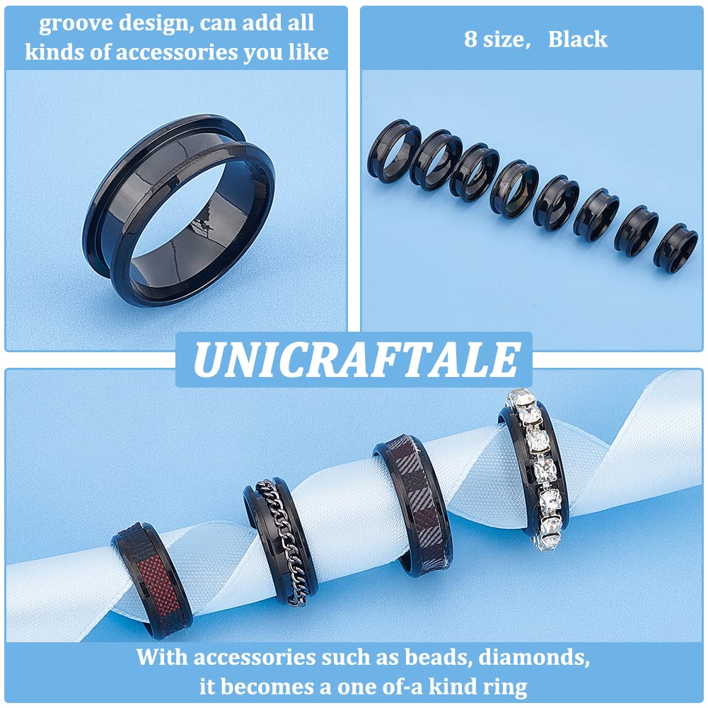 UNICRAFTALE 16 Anello in Acciaio Inossidabile Nero 8 Misure Anello Centrale Vuoto per Intarsio Anelli Vuoti Scanalati Rotondi con Sacchetti di Velluto per La Creazione di Gioielli