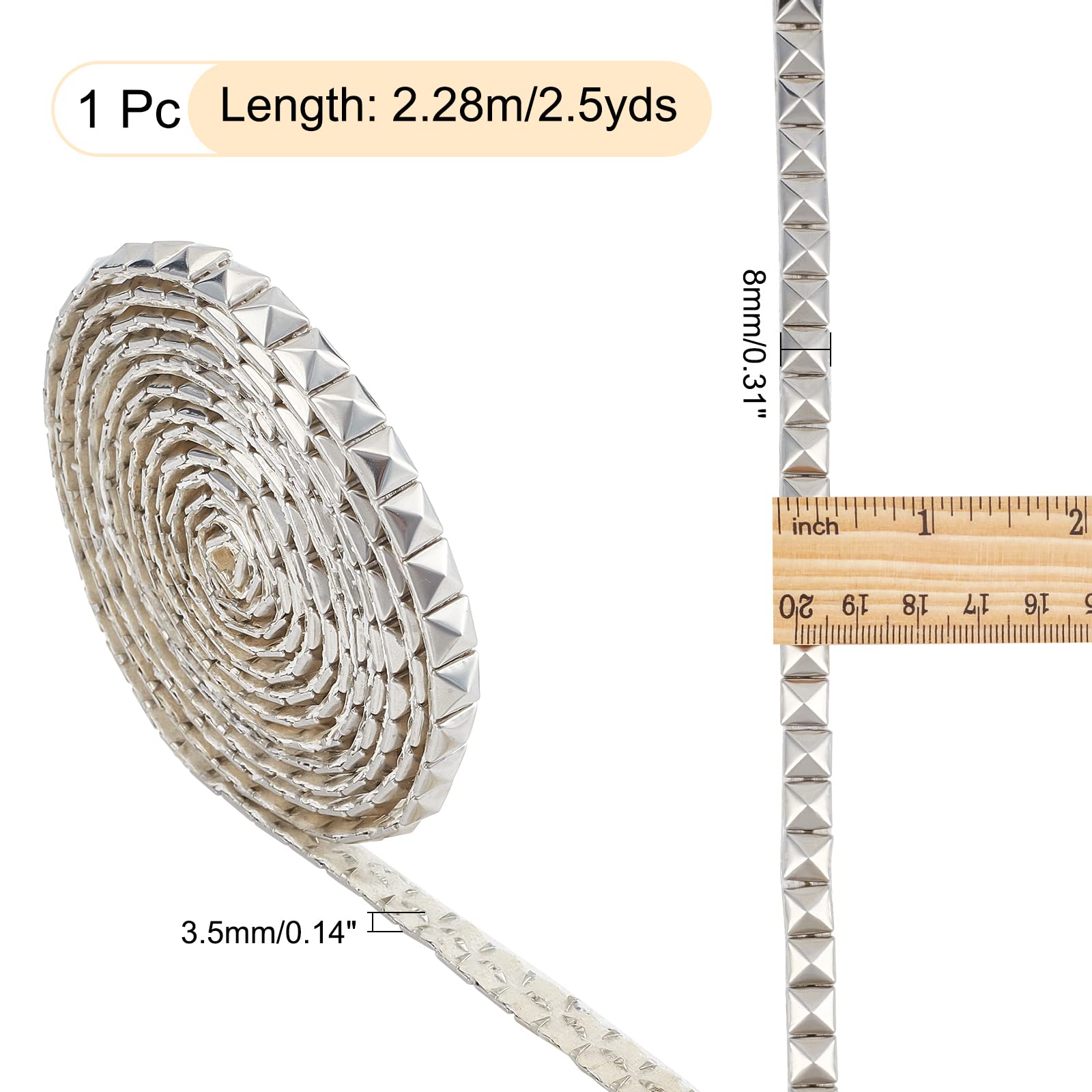 CHGCRAFT 2.5 Yards Hot Fix Pyramid Nailhead Trim 304 Stainless Steel Silver Iron-on Convex Pyramid Nailhead Trim with PU Leather Base for Decoration