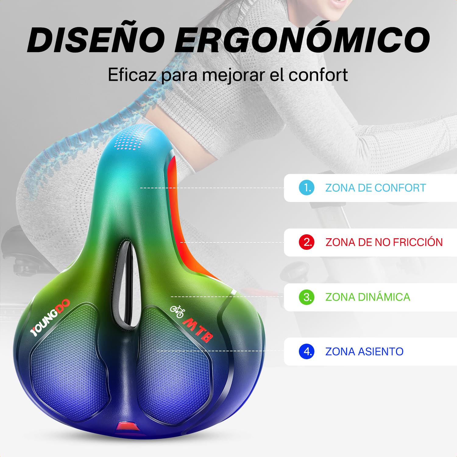 YOUNGDO Sillín para Bicicleta de Gel Ergonómico Transpirable, para Carretera, Montaña y Ciudad
