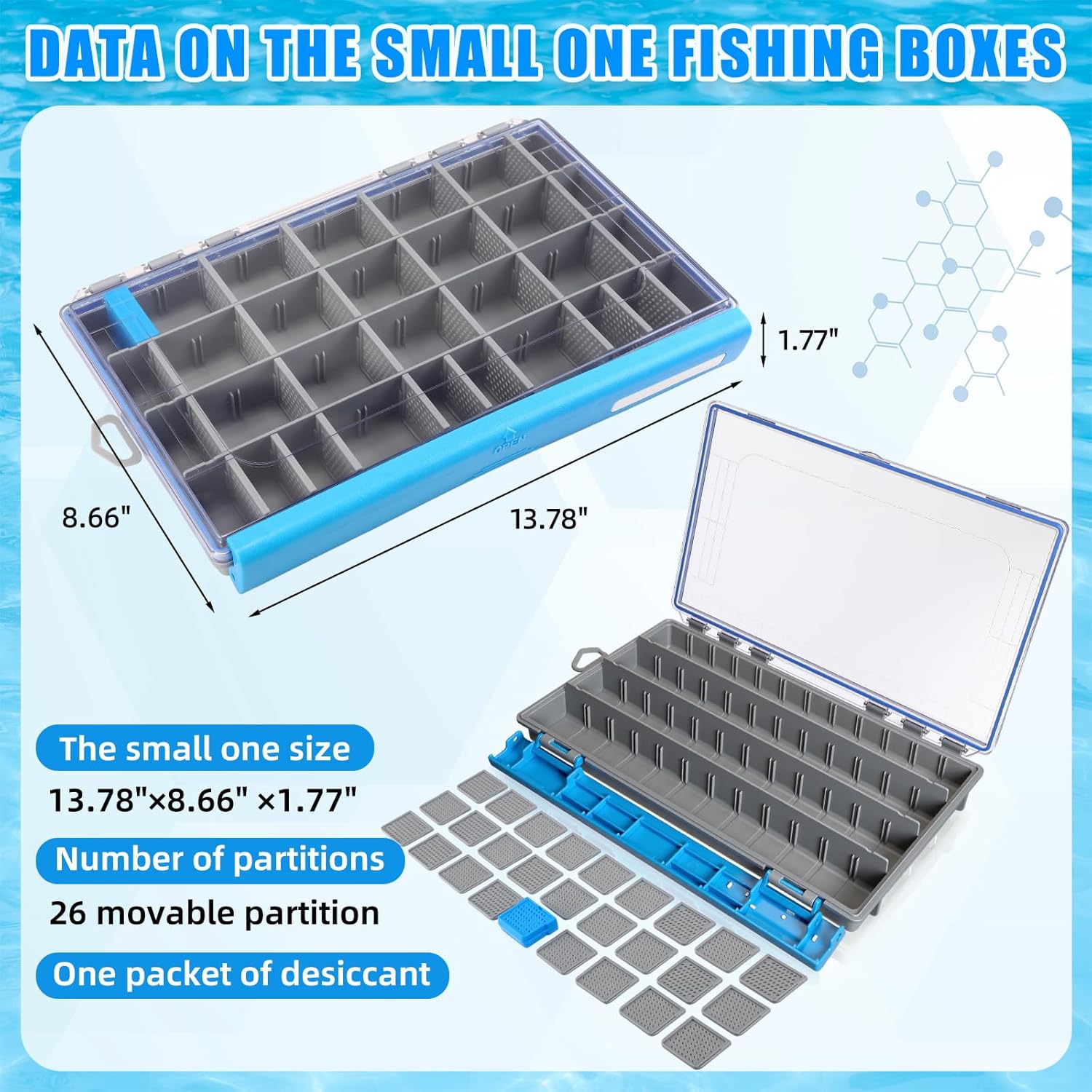 Junkin 6 Pack 3700 Fishing Tackle Boxes Waterproof, Large Blue Lure Organizer Trays with Custom Dividers, Airtight Tackle Storage Case for Saltwater Baits, Swimbaits & Boat Bag Accessories