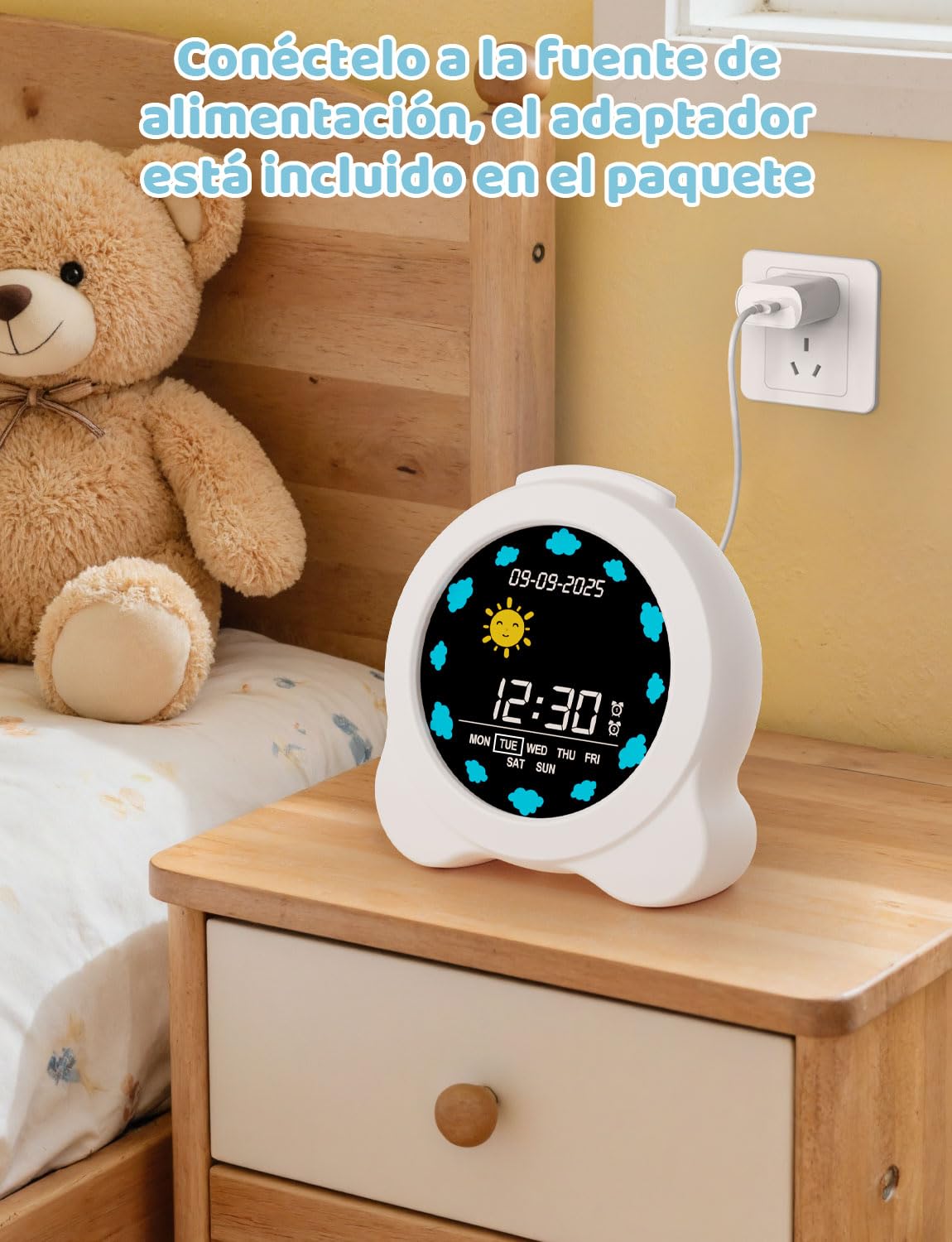 YISSVIC Despertador Infantil 2 Alarmas Brillo Ajustables 3 Volumenes 6 Músicas, Reloj Despertador Digital Función de Repetición Entrenamiento del Sueño para Niños