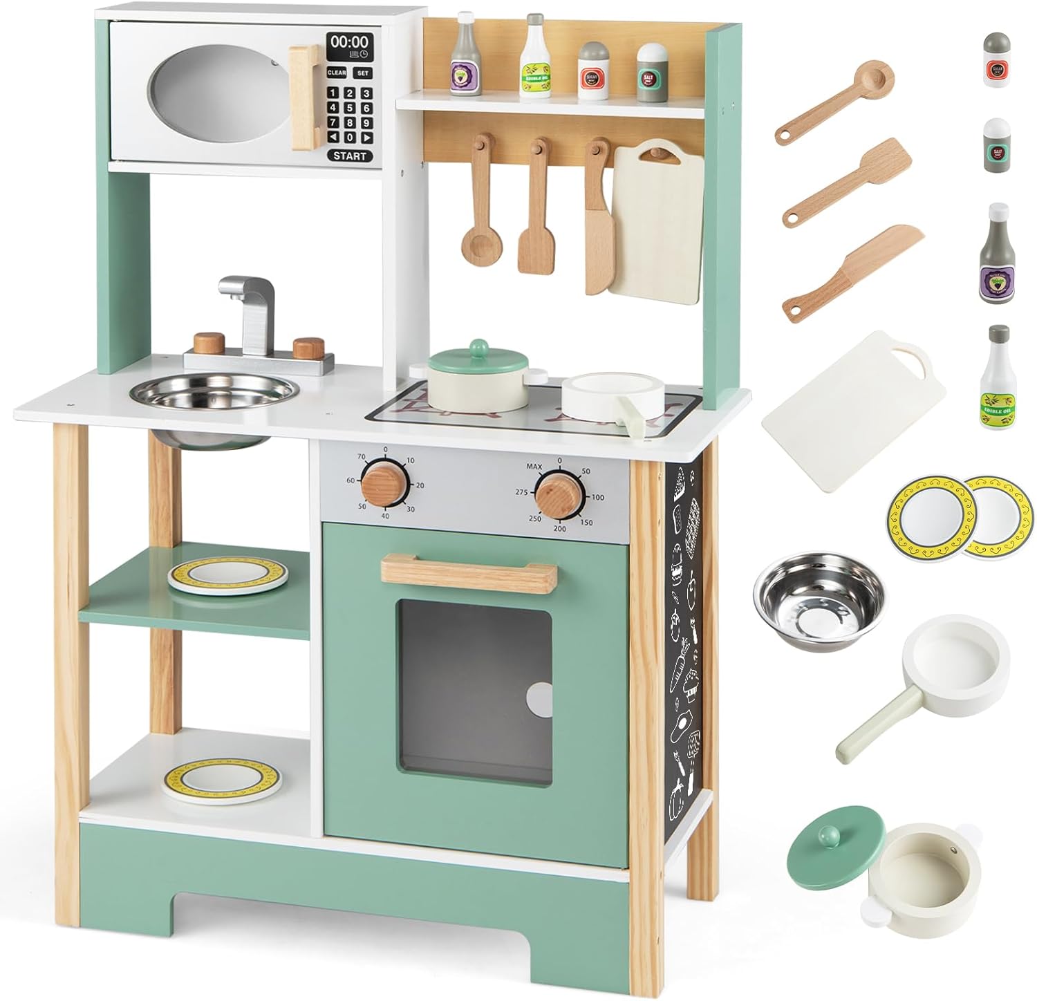HONEY JOY Play Kitchen with Chalkboard, Wooden Kids Kitchen Playset, Stove, Microwave, Faucet & Sink, 13 Cook Accessories, Storage Cabinet, Toy Kitchen Set, Gift for Toddlers Boys Girls, Green