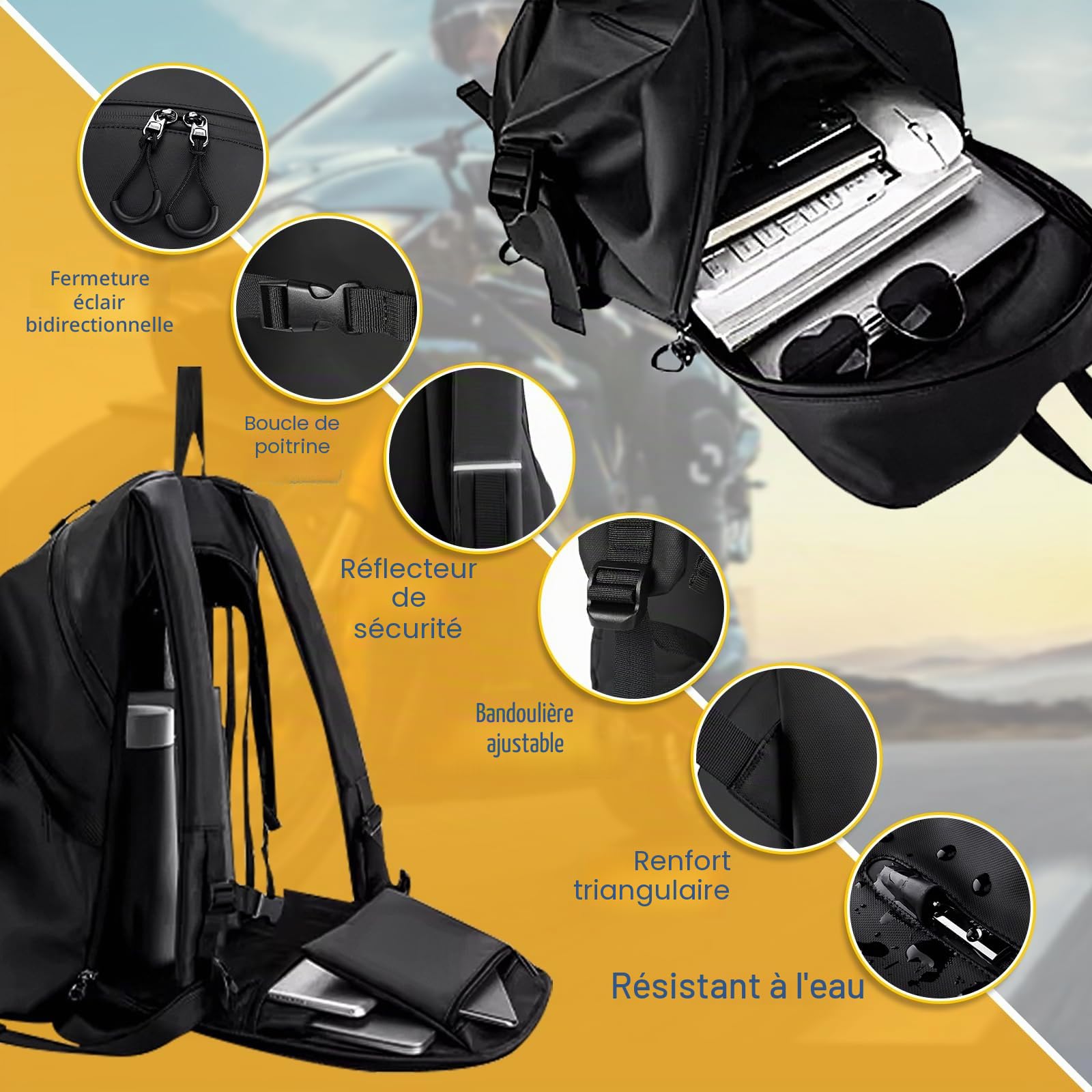 Sac à dos de moto résistant à l'eau avec compartiment pour casque, sac à dos de voyage, sac à dos pour ordinateur portable, sac à dos léger et décontracté pour l'école, noir