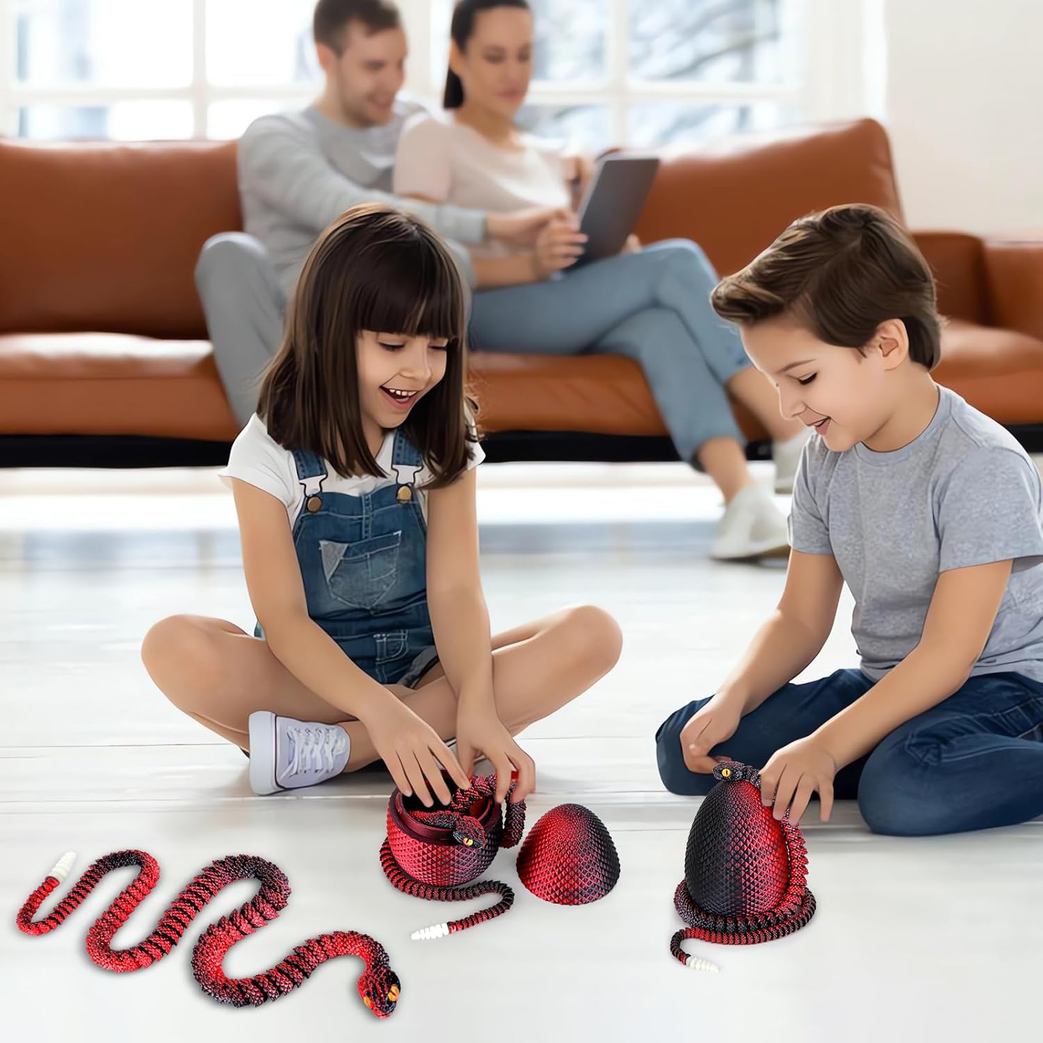 3D Printed Snake Eggs with Snake Inside,3D Printed Snake,3D Printed Animals,23.22 Inch Crystal Snake Fidget Toys,Articulated 3D Snake with 3D Snake Eggs Black Red