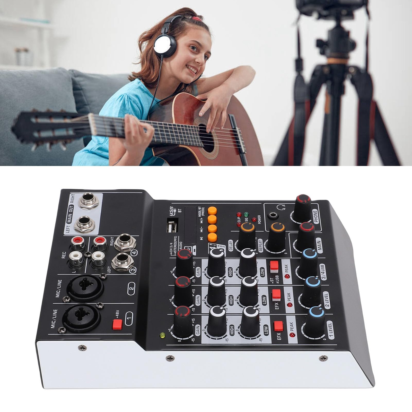 Fockety Mikser Dźwięku, USB MP3 Audio Mixer Płyta Dźwiękowa Konsola Miksująca 4-kanałowy 48V Power Stereo DJ Mixer Board do Nagrywania Komputerowego Studio Karaoke Transmisja na żywo