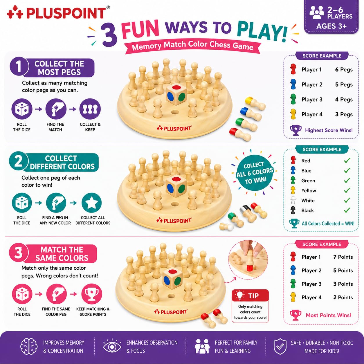 PLUSPOINT Memory Chess Game Color Memory Plastic Chess Block Board Colour Memorise Match Stick Chess Parent-Child Interaction Toy, Brain Teaser for Age 3 and Up and Kitty Party Games 1