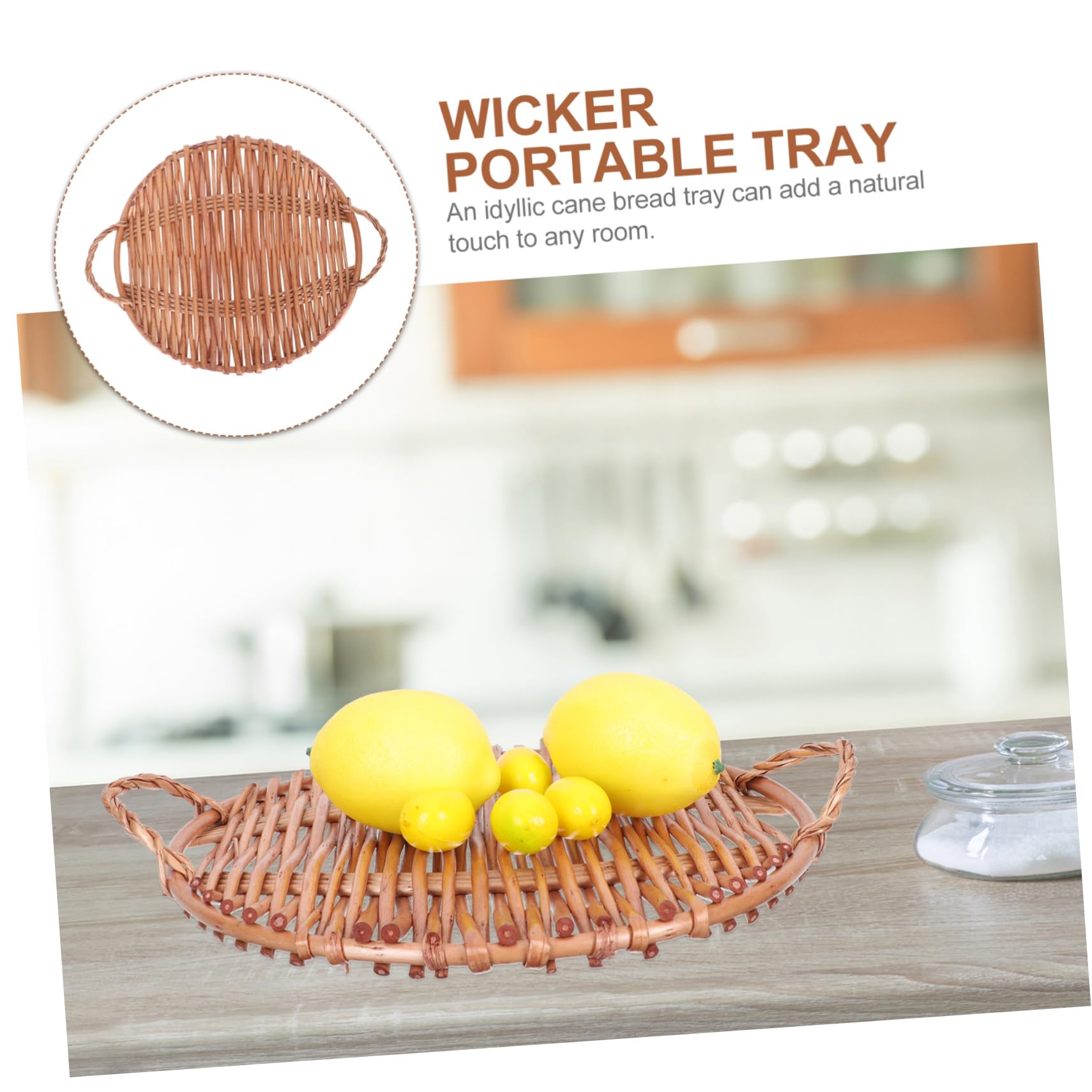 AUTSUPPL Wicker Bread Tray Snack Container Breakfast Serving Tray Veggie Tray Woven Baskets Round Tray Decorative Storage Basket Food Tray Breakfast Tray Dessert Tray Ornament Brown Rattan