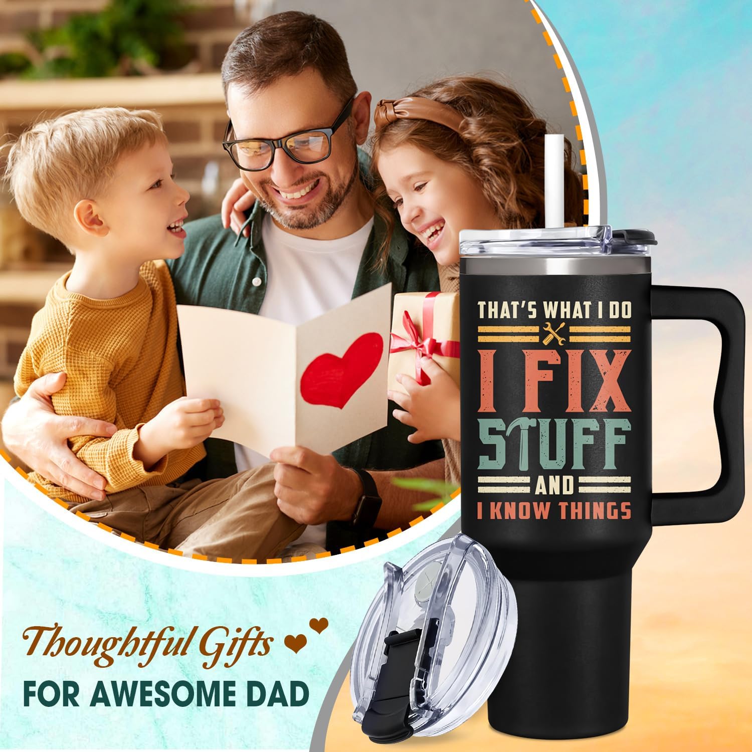Christmas, Father Day Gifts For Dad, Men - Dad Gifts From Daughter, Son - I Fix Stuff Gift - 40 oz Tumbler with Handle, Lid and Straw Insulated