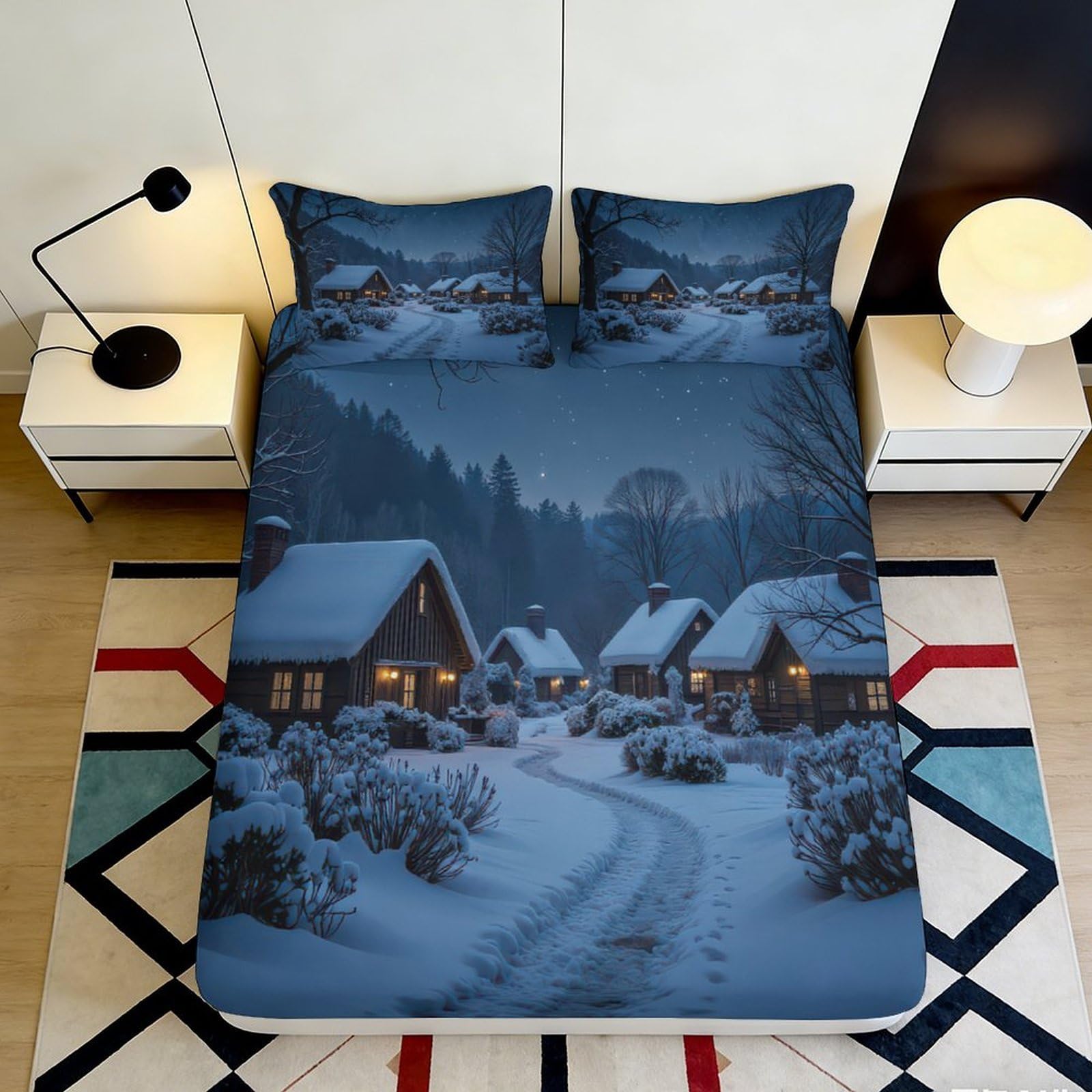3D Printed Winter Village Fitted Sheet Microfiber Soft Breathable Snowy Landscape Mattress Cover for Bedroom Dormitory Guest Room Mattress Protection Decor 120x200x25cm