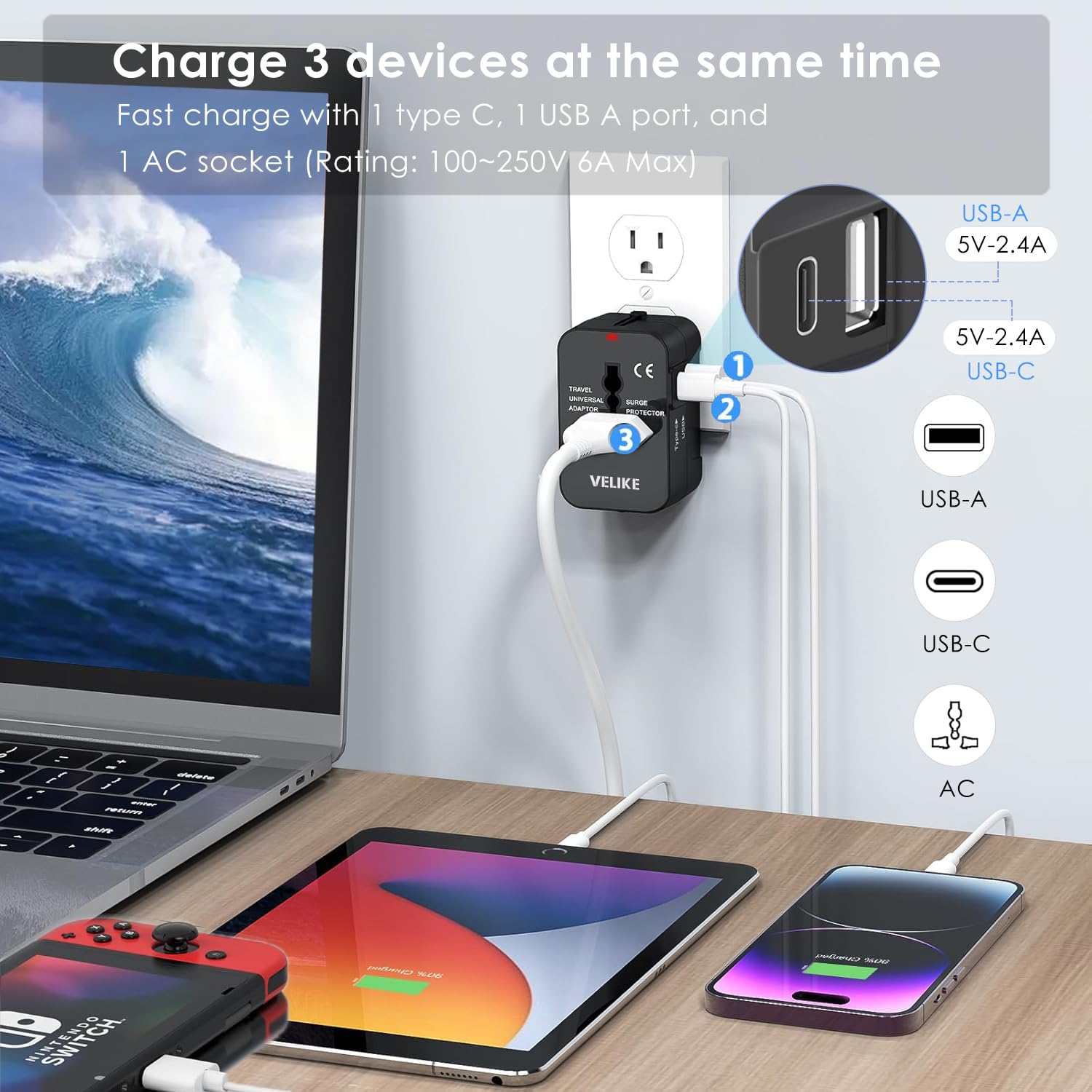 海外 変換プラグ 全世界対応 VELIKE 旅行用コンセント 1つUSB-Cと1つUSB-Aポート付き C/O/BF/Aタイプ付き 海外電源変換器 マルチ変換プラグ 電源変換アダプター 韓国/ヨーロッパ/オーストラリア/イギリス/アメリカ/中国などの国に対応 旅行便利グッズ 200ヶ国以上通用 - 3