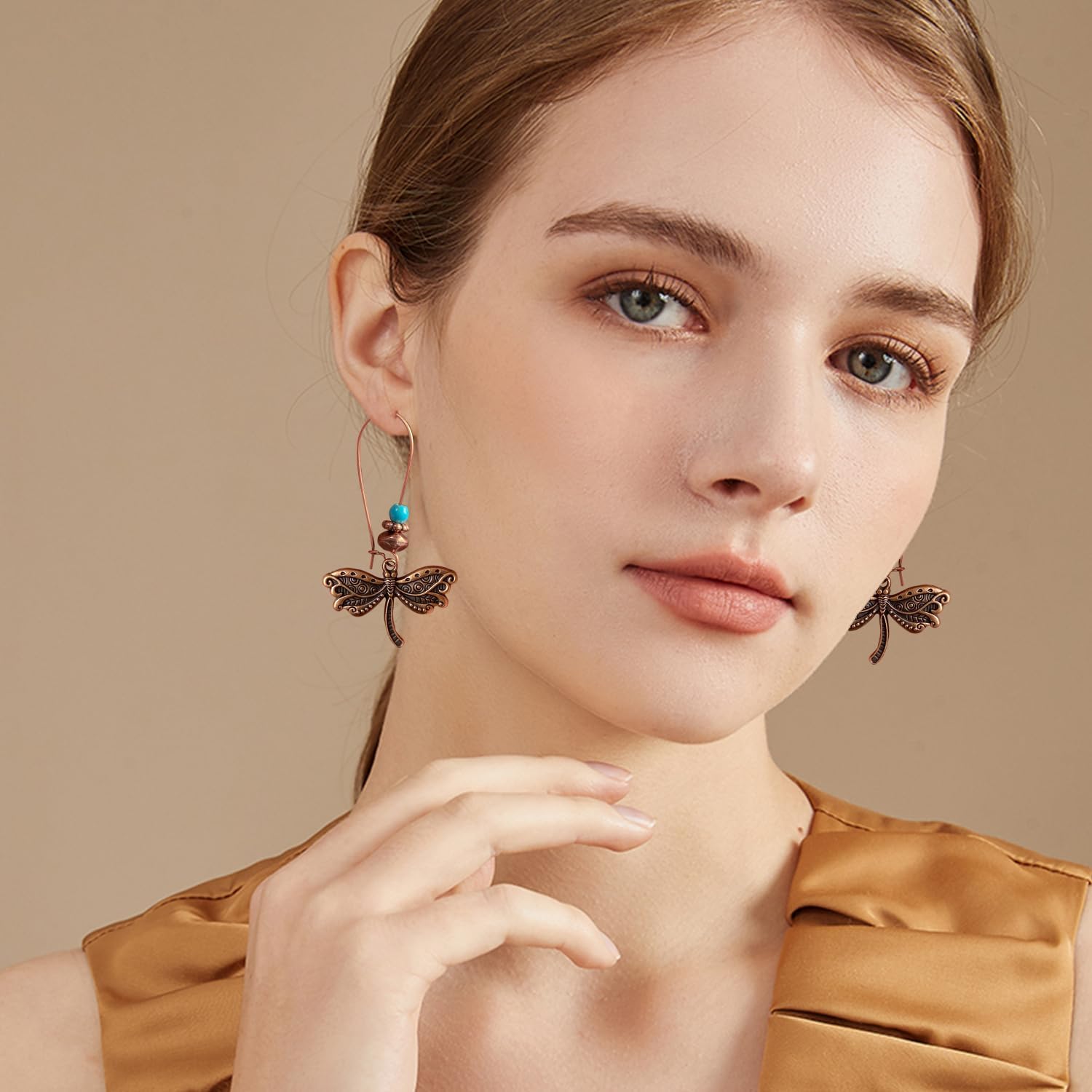Bohemian Vintage Copper Dragonfly Turquoise Dangle Drop Earrings Handmade Retro Animal Bead Leverback Earrings for Women - Image 2