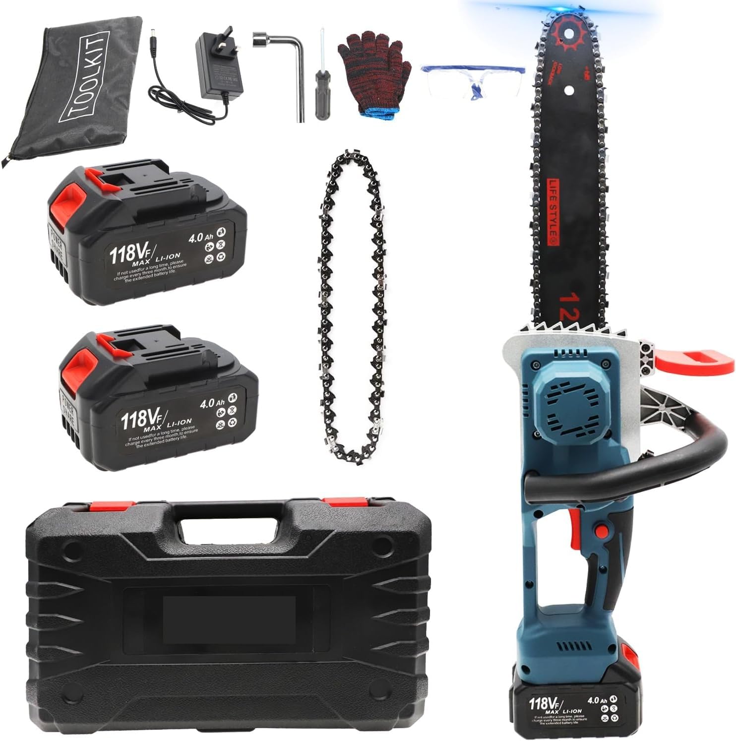 Cordless 12-Inch Chainsaw with 2 Lithium-Ion Batteries 4.0Ah, Charger, Chain, Case
