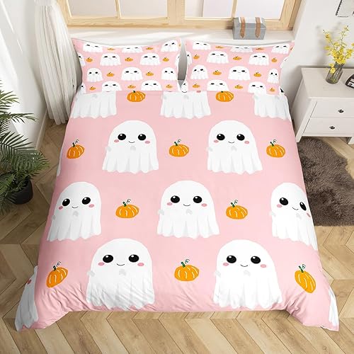 Miniatura 4 de Juego de funda de edredón con estampado rosa y blanco dibujado a mano, tamaño King, funda de edredón de calabaza en acuarela de Halloween con 2