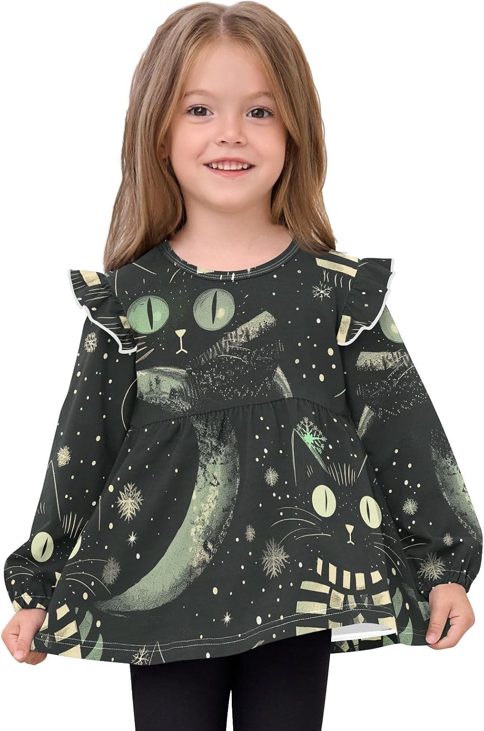 visesunny Toddler Clothes for Girls Black Cat Snowflakes Long Sleeve Fall Shirts Cotton Top with Ruffle Collar