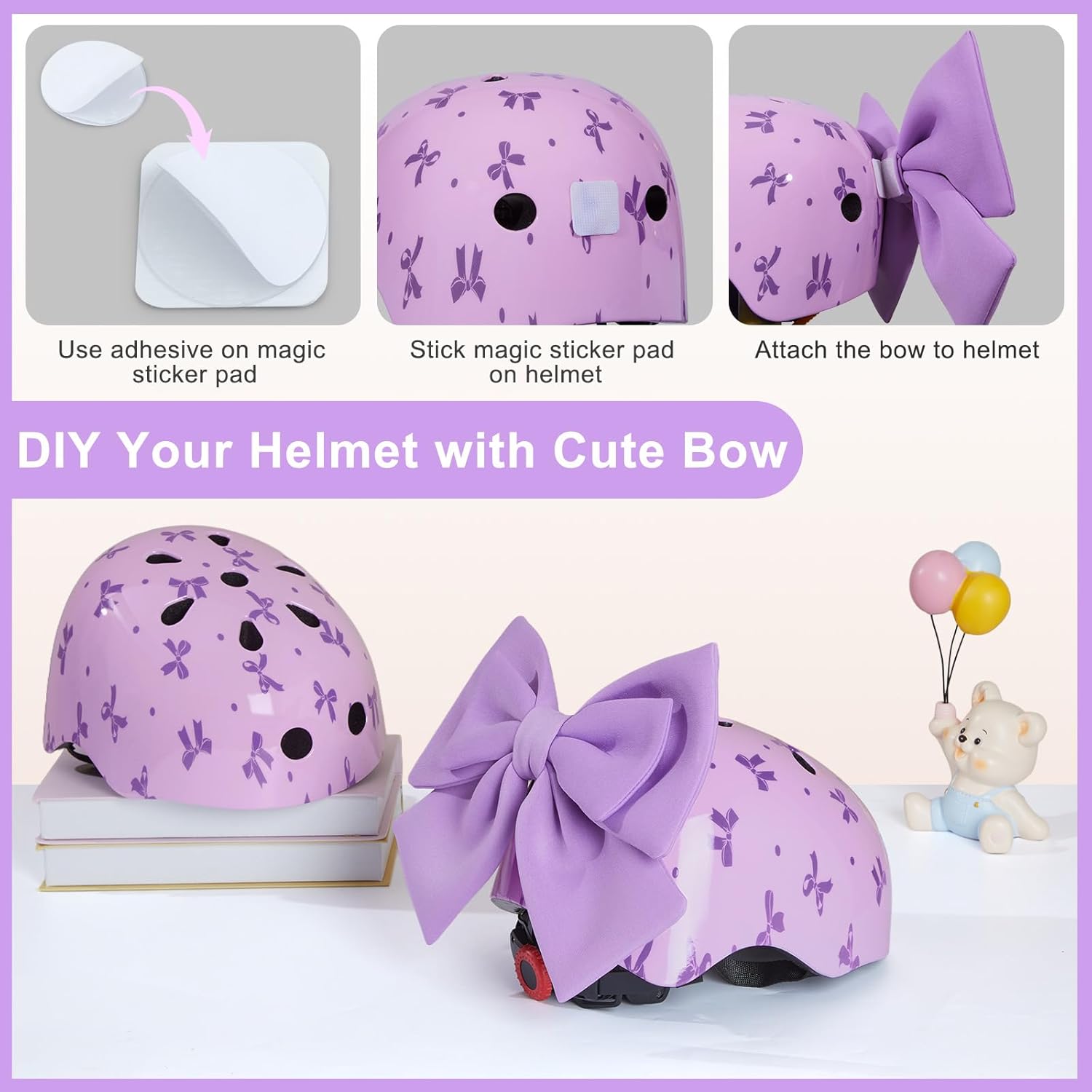 Helmet for Kids 8-14 with Knee Pads and Elbow Pads Set, Kids Bike Helmet with DIY Bow, Adjustable Youth Girls Helmets for Bicycle Scooter Skateboard