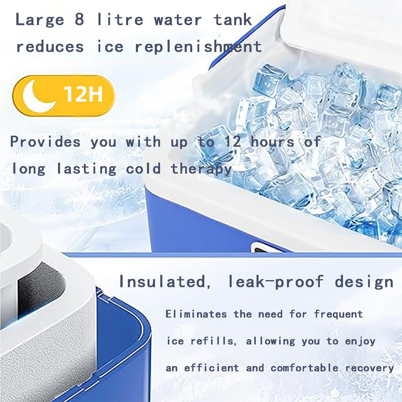 Máquina de crioterapia con tanque de agua de 8 litros, terapia de frío de 12 horas, ajustes de temporizador, diseño de aislamiento, bajo ruido para rodilla y tobillo