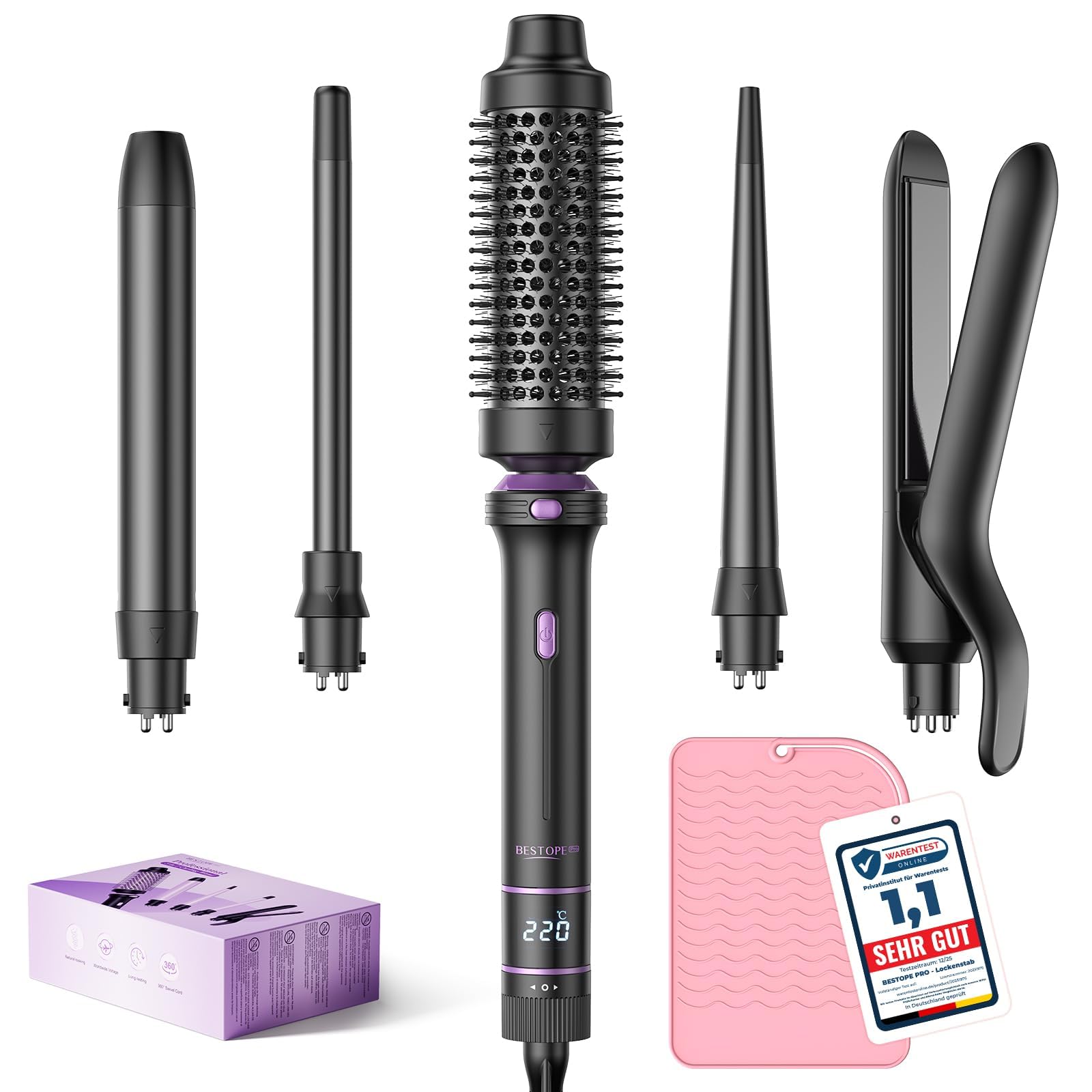 BESTOPE PRO 5 in 1 Hair Curling Wand, Hair Curler Set with Thermal Brush and Hair Straightener, 13 Temperature Control for All Hair Lengths, with Heat Resistant Mat, Glove, Clip