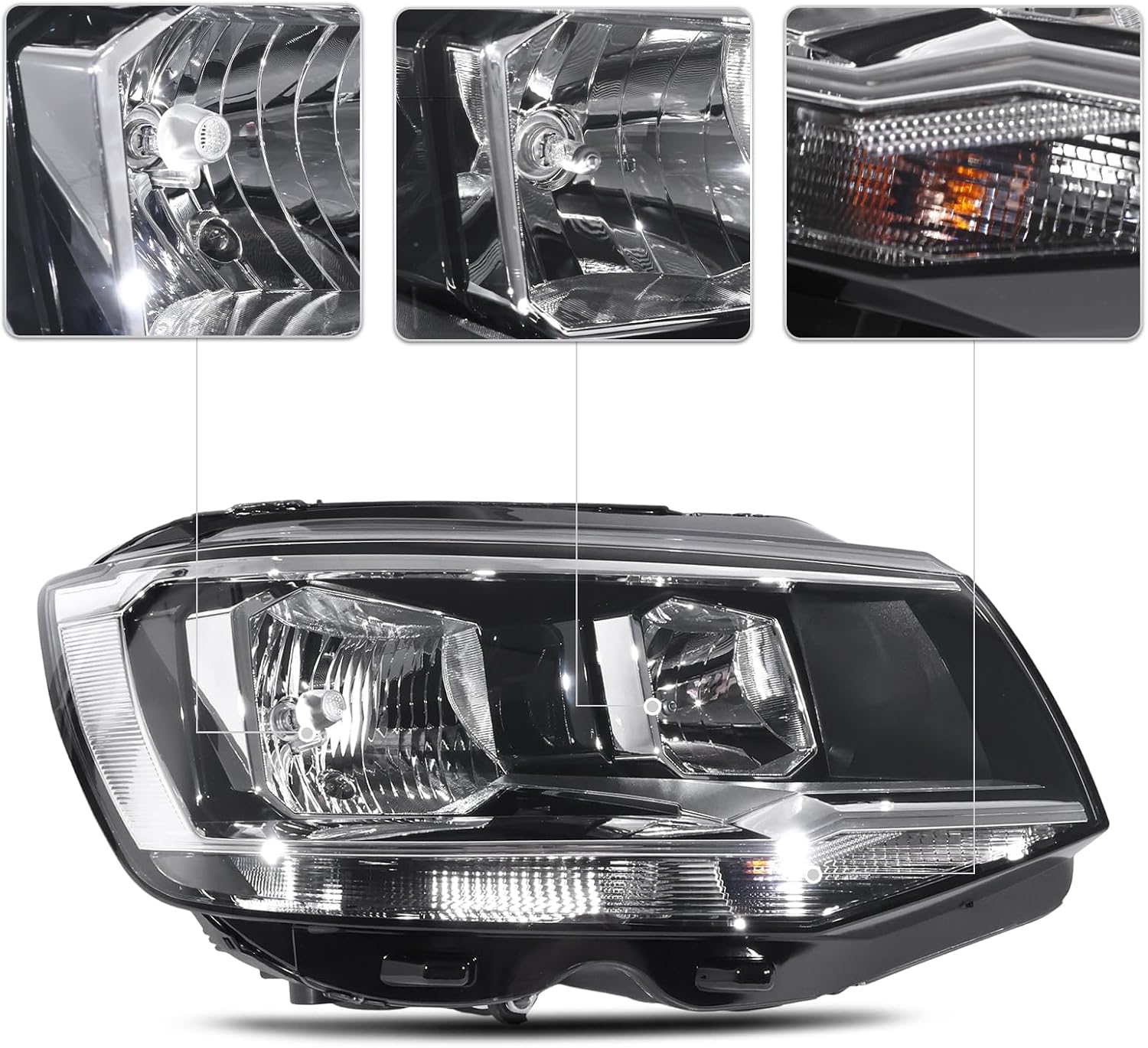 Headlights Assembly for 2016 2017 2018 2019 Volkswagen T6, Front Bumper Headlamp with Halogen Bulbs, 7E1945016AD (Right Passenger Side)