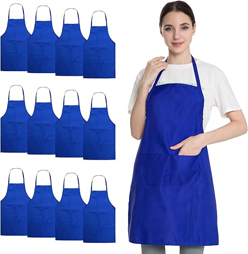 Paquete de 12 delantales azules para mujeres adultas y mujeres con bolsillos, impermeables, para pintar a la parrilla, hornear, barbacoa, cocina,